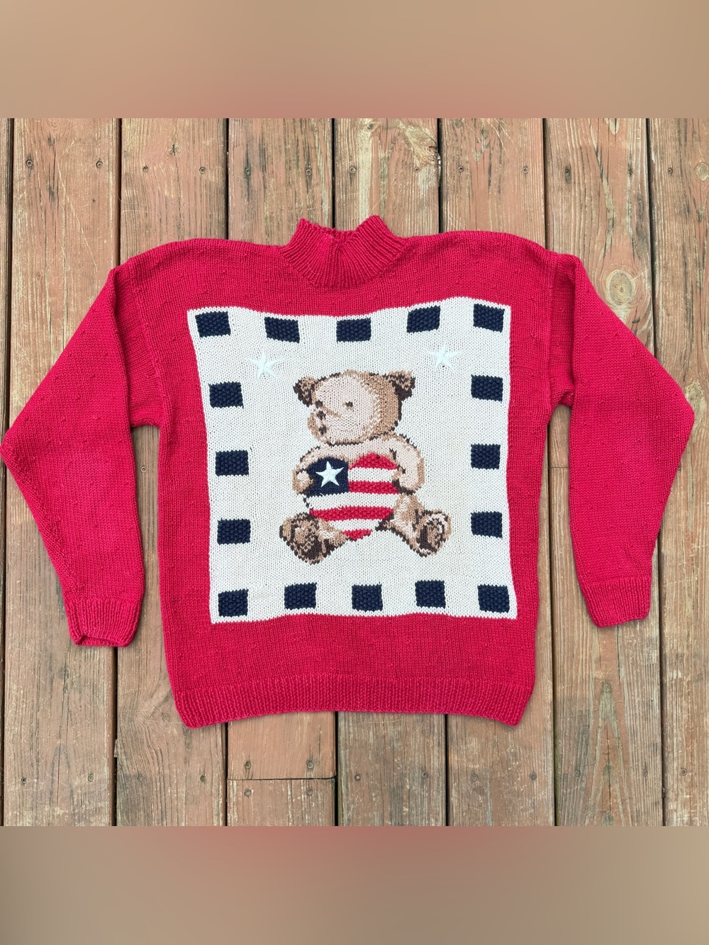 Talbots Sweater Women’s Large Red Vintage 90s Teddy Bear USA Flag Hand Knit